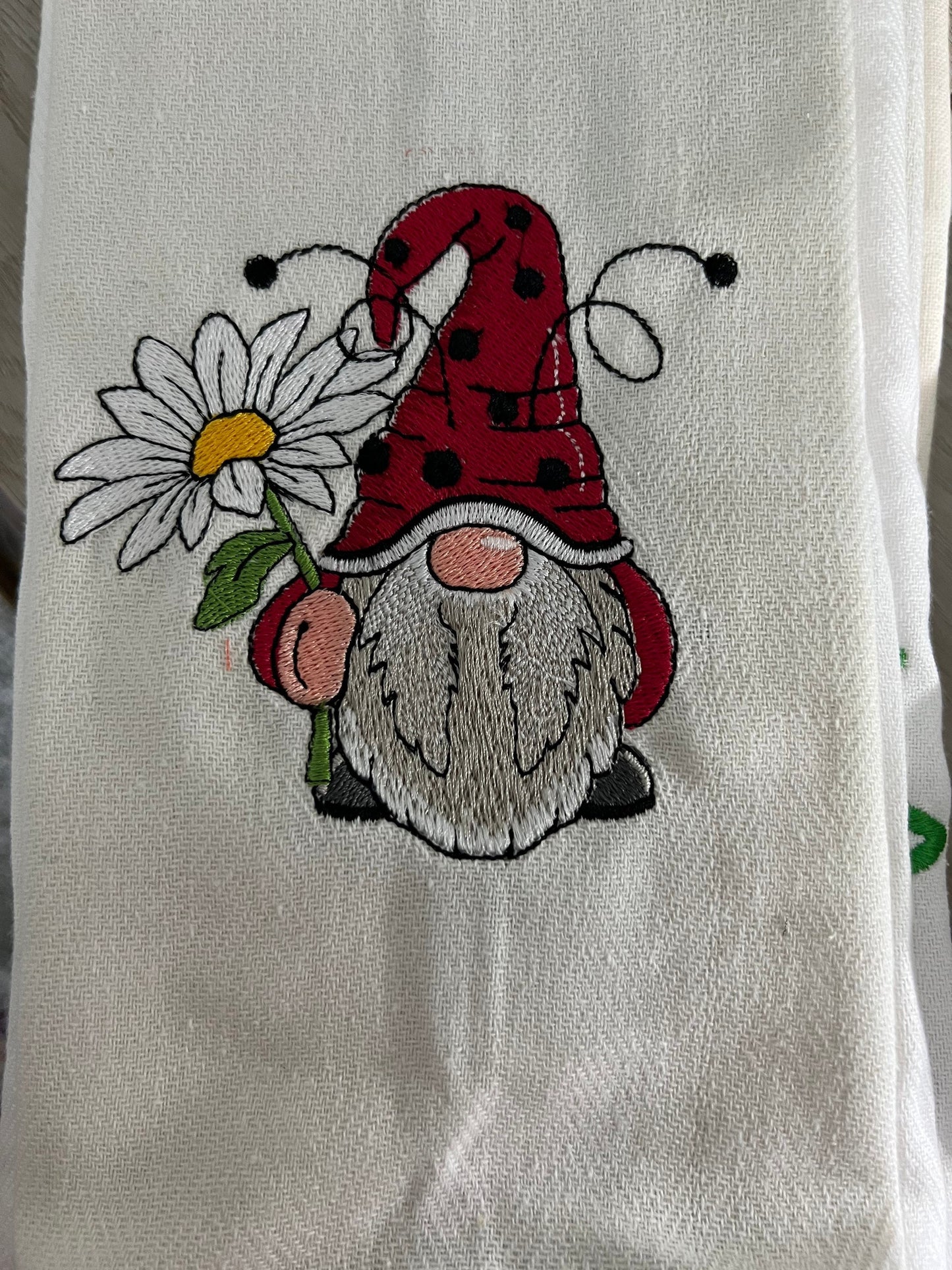 Embroidered Ladybug Gnome Kitchen Towel: 100% Cotton Tea Towel