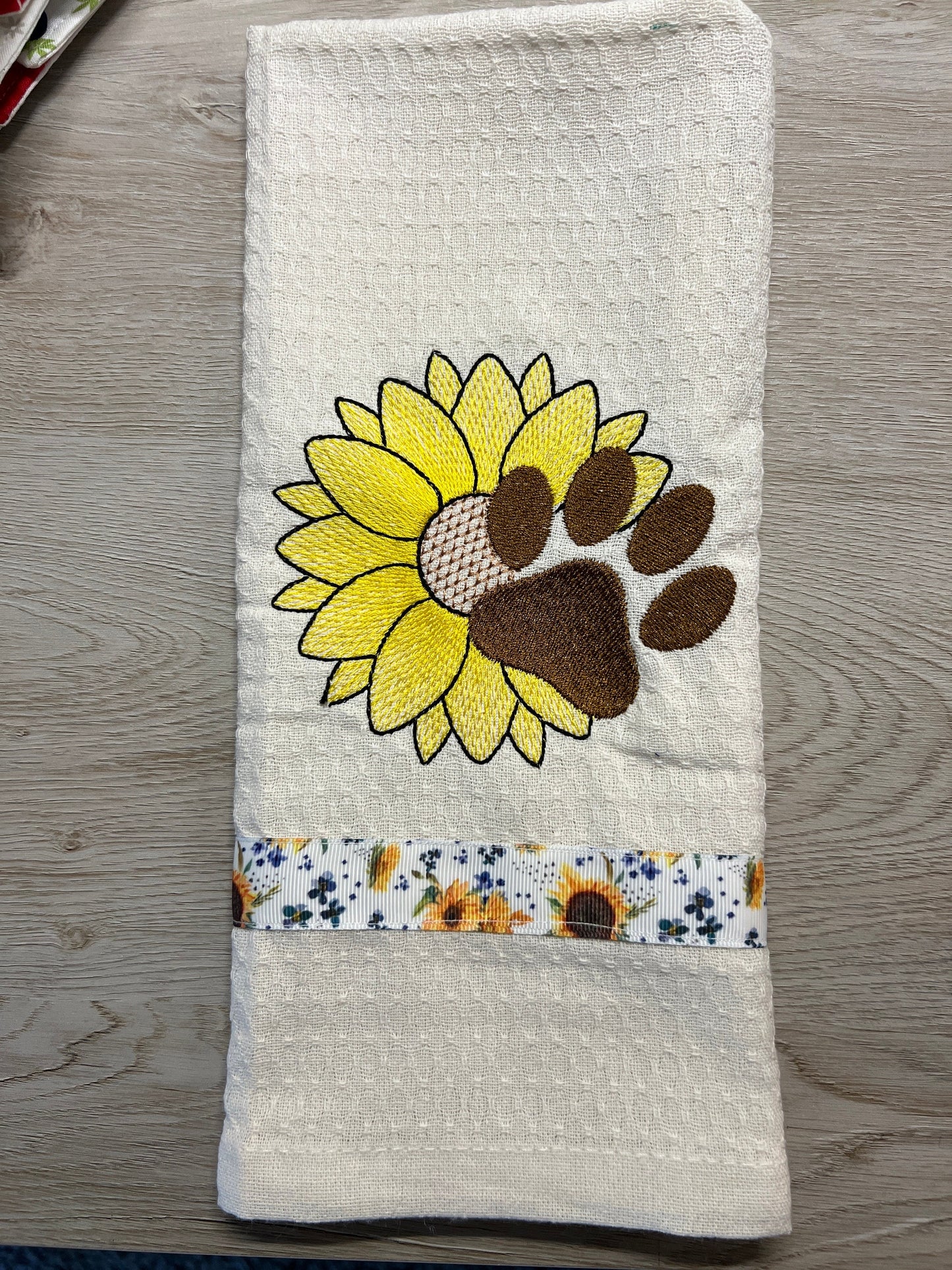 Embroidered Sunflower Paw Print Towel - 100% Cotton Kitchen Decor