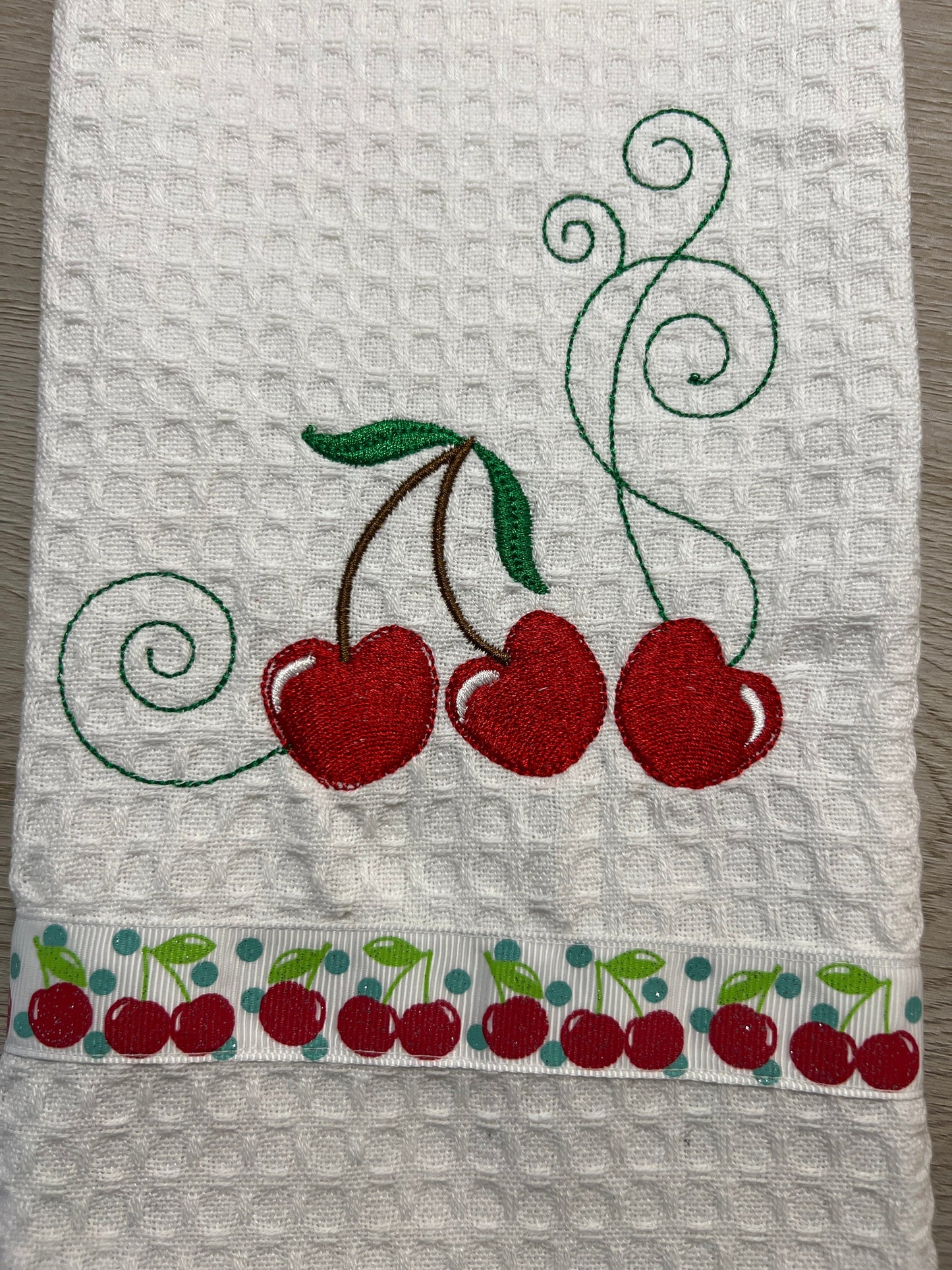 Embroidered Cherry Kitchen Towel, 100% Cotton