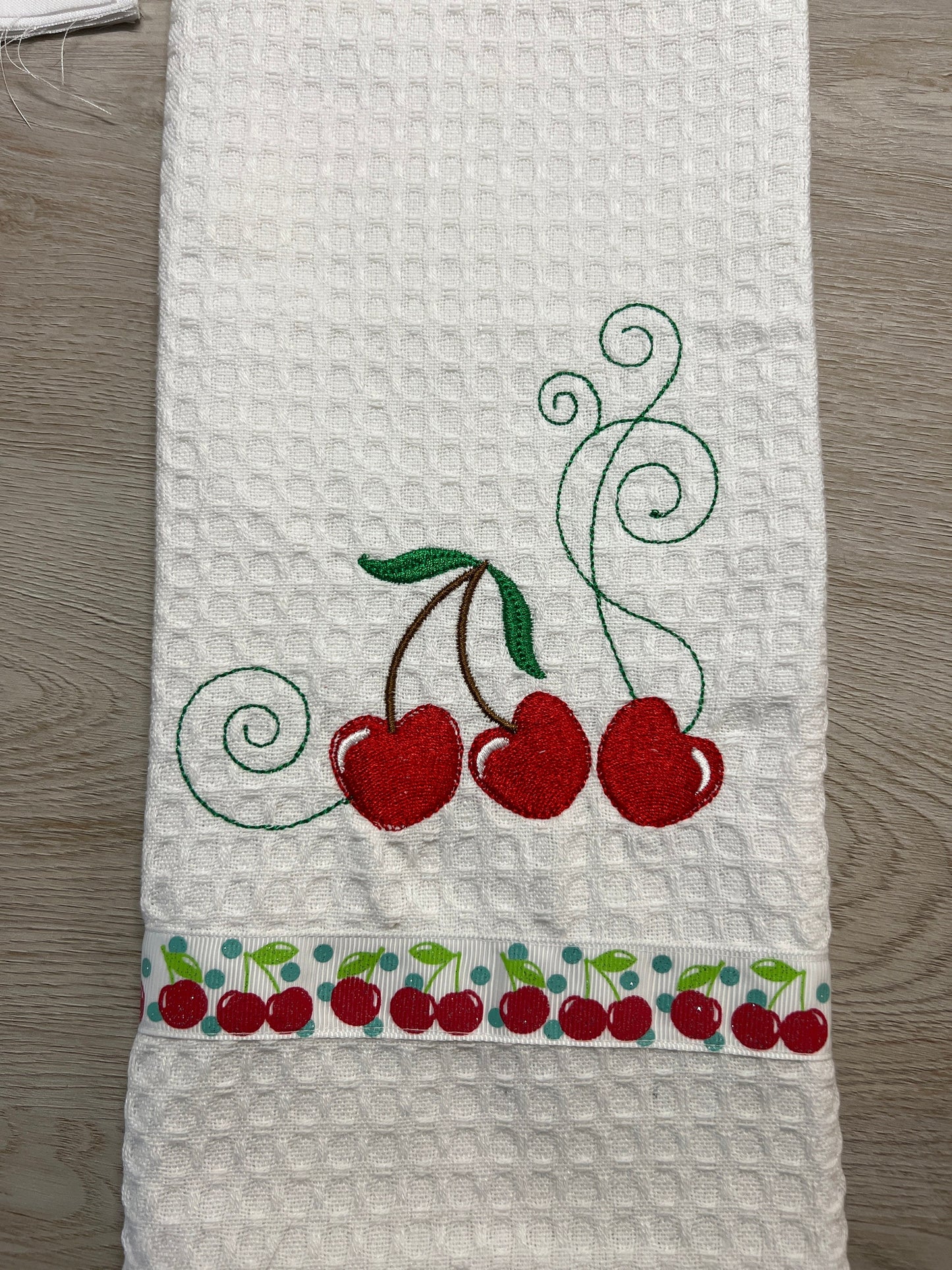 Embroidered Cherry Kitchen Towel, 100% Cotton
