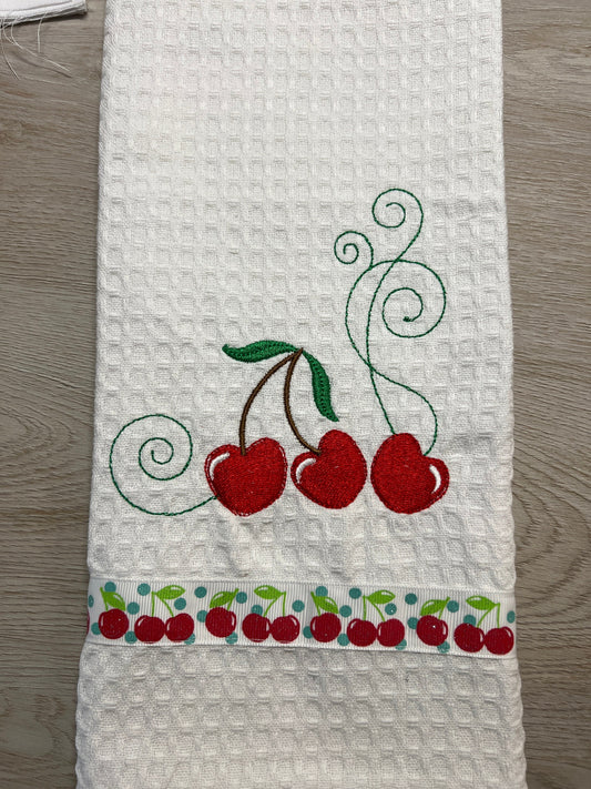 Embroidered Cherry Kitchen Towel, 100% Cotton