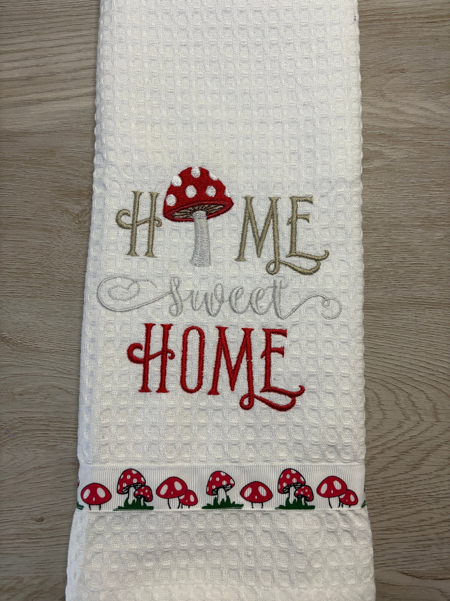Embroidered Mushroom Tea Towel: Toadstool Home Decor