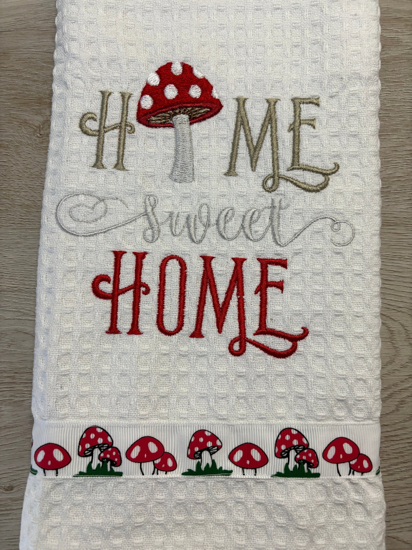 Embroidered Mushroom Tea Towel: Toadstool Home Decor