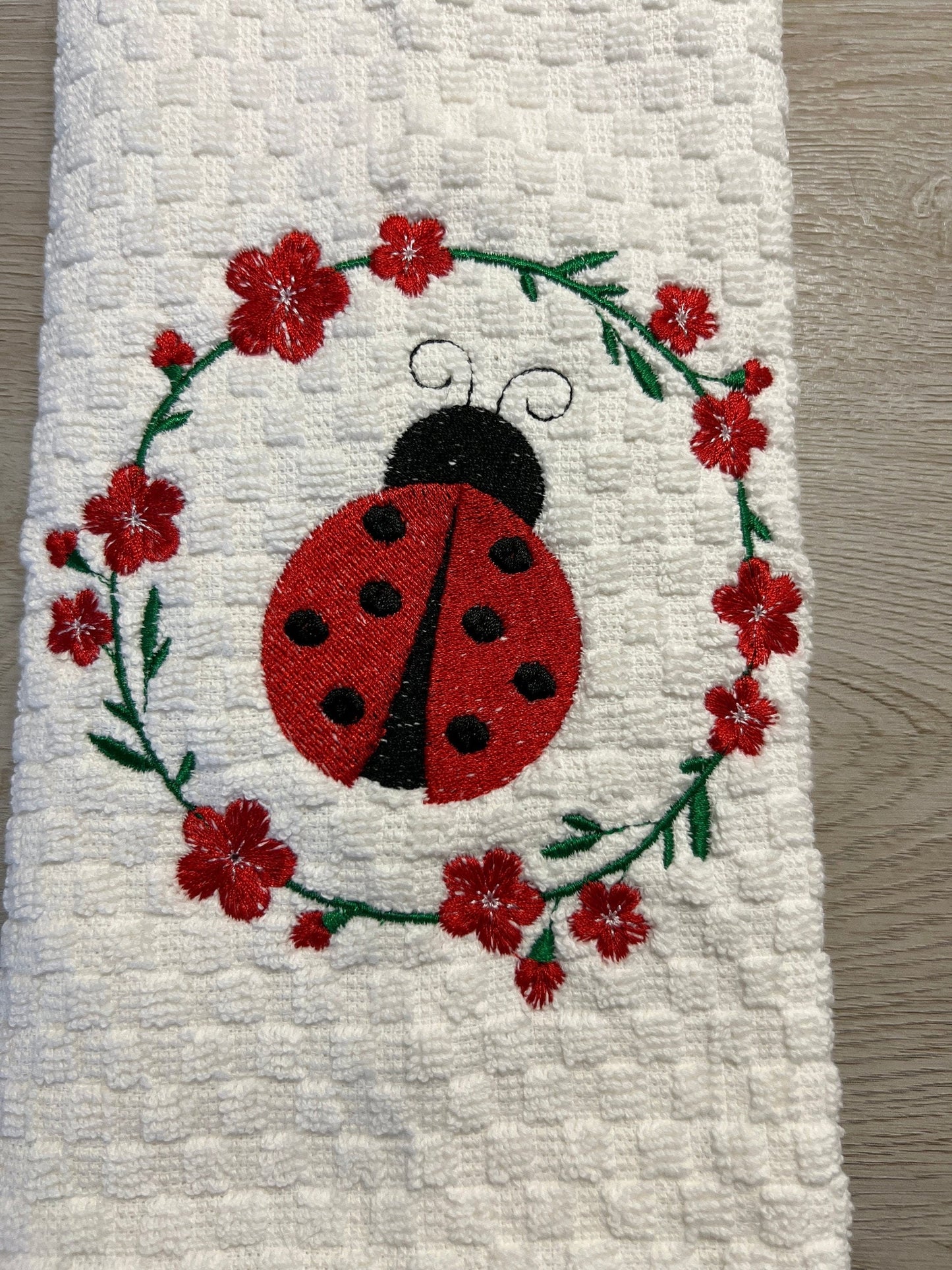 Embroidered Ladybug Tea Towel: 100% Cotton Kitchen Decor