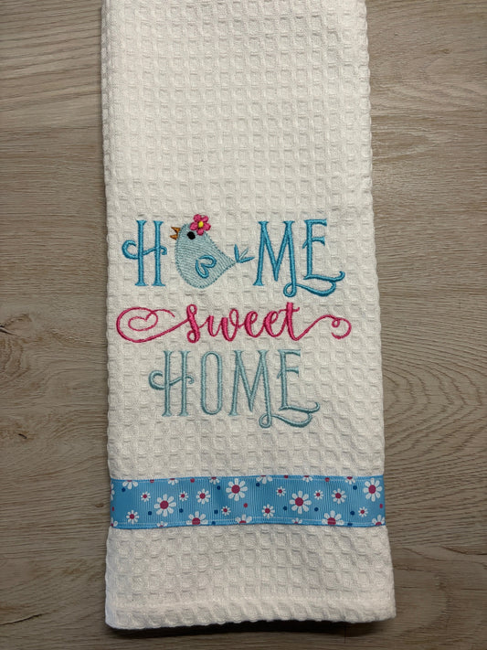 Embroidered Tea Towel, Embroidered Kitchen Towel, Embroidered Towel-Home Sweet Home Bluebird