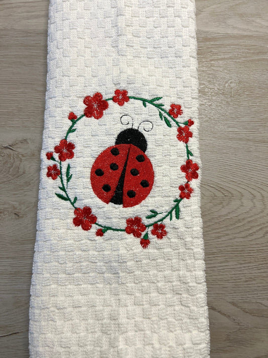Embroidered Ladybug Tea Towel: 100% Cotton Kitchen Decor