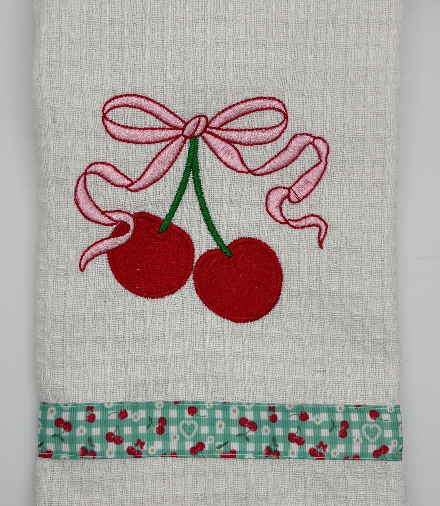 Kitchen Tea Coquette Bow Towel, Cherry Bow Embroidered Design Cute Aesthetic Kitchen Décor Towel
