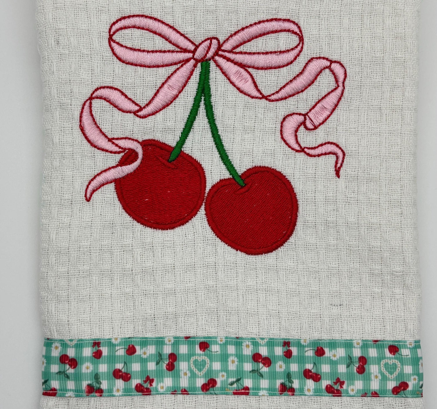 Kitchen Tea Coquette Bow Towel, Cherry Bow Embroidered Design Cute Aesthetic Kitchen Décor Towel