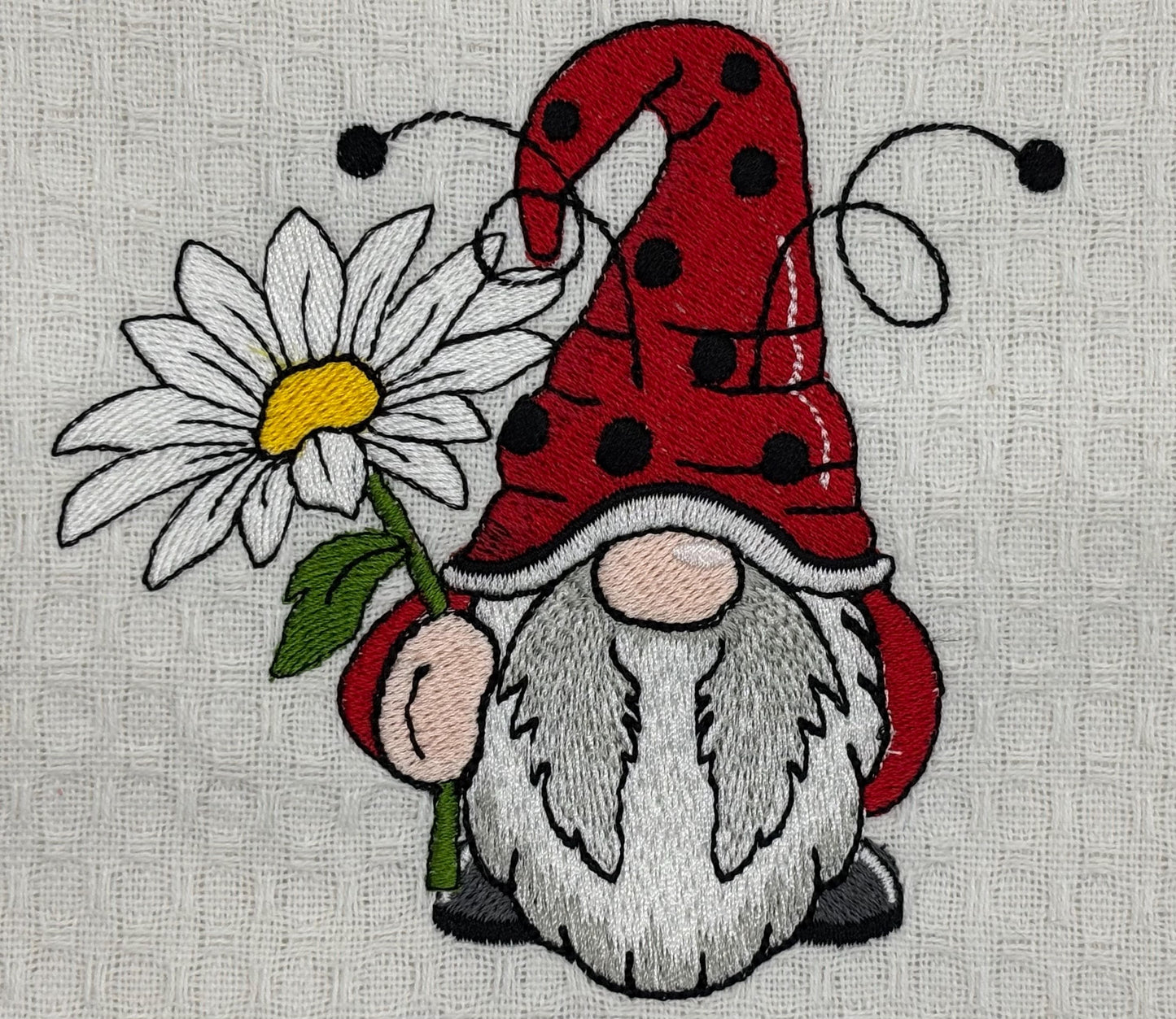 Embroidered Ladybug Gnome Kitchen Towel: 100% Cotton Tea Towel