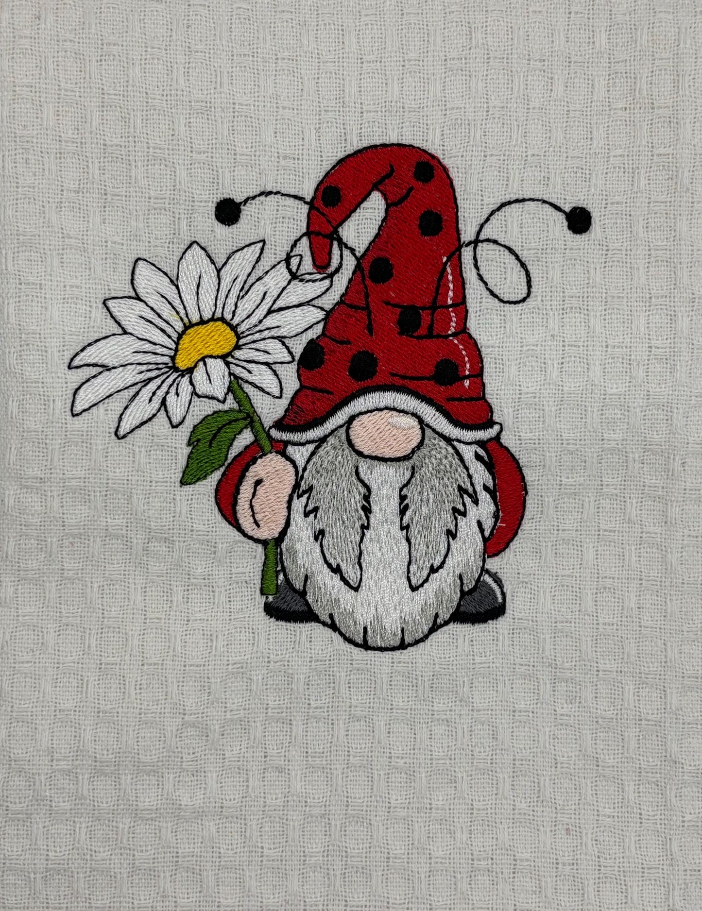Embroidered Ladybug Gnome Kitchen Towel: 100% Cotton Tea Towel