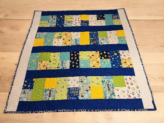 Blue Baby Quilt: Woodland Animals Cotton Throw, Nursery Decor