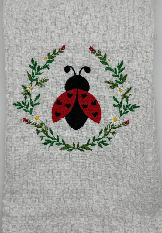 Embroidered Ladybug Tea Towel: Floral Kitchen Decor, Eco-Friendly Cotton