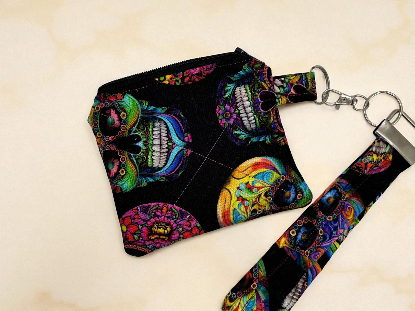Sugar Skull Keychain Wallet, Compact Wallet, Skull Design, Gift for Her, Day of the Dead, Zipper Pocket, Coin Holder