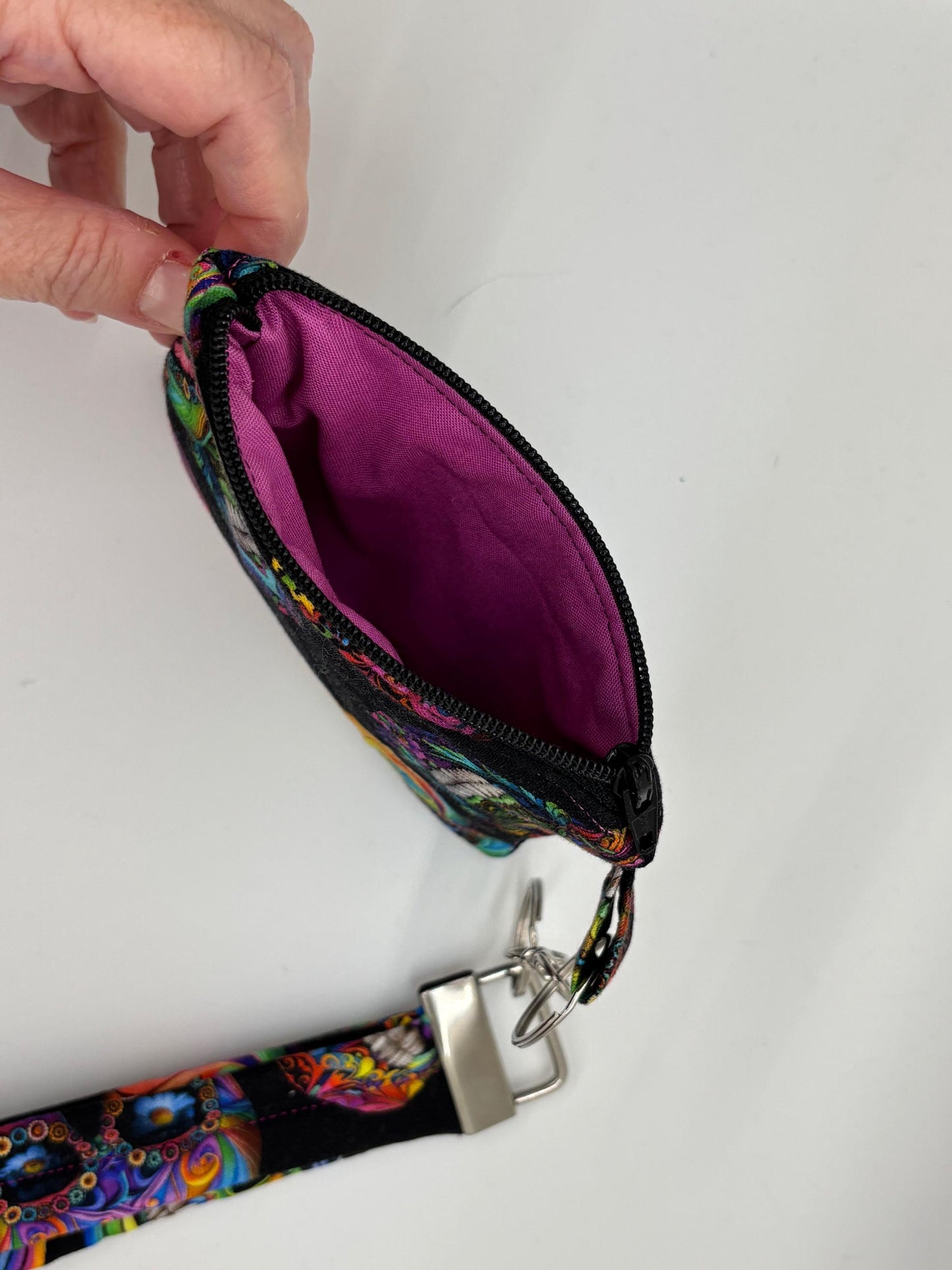 Sugar Skull Keychain Wallet, Compact Wallet, Skull Design, Gift for Her, Day of the Dead, Zipper Pocket, Coin Holder