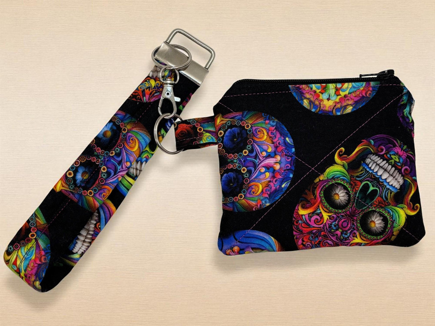Sugar Skull Keychain Wallet, Compact Wallet, Skull Design, Gift for Her, Day of the Dead, Zipper Pocket, Coin Holder