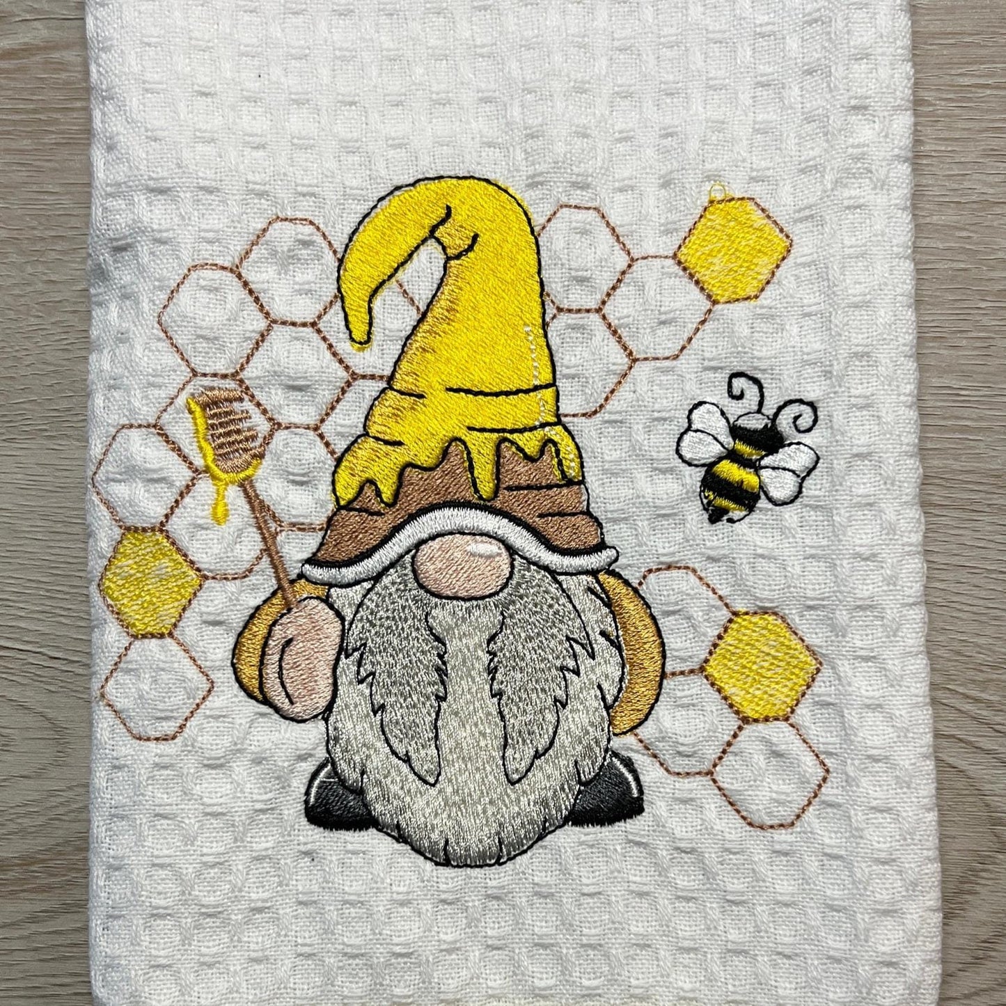 Embroidered Bee Gnome Kitchen Towel: Personalized Home Decor Gift