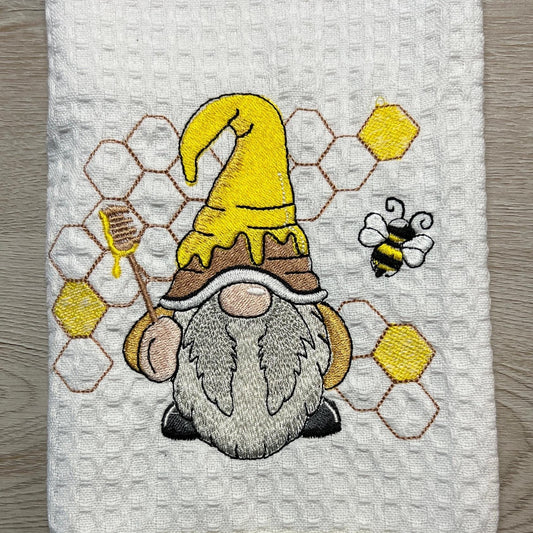 Embroidered Bee Gnome Kitchen Towel: Personalized Home Decor Gift