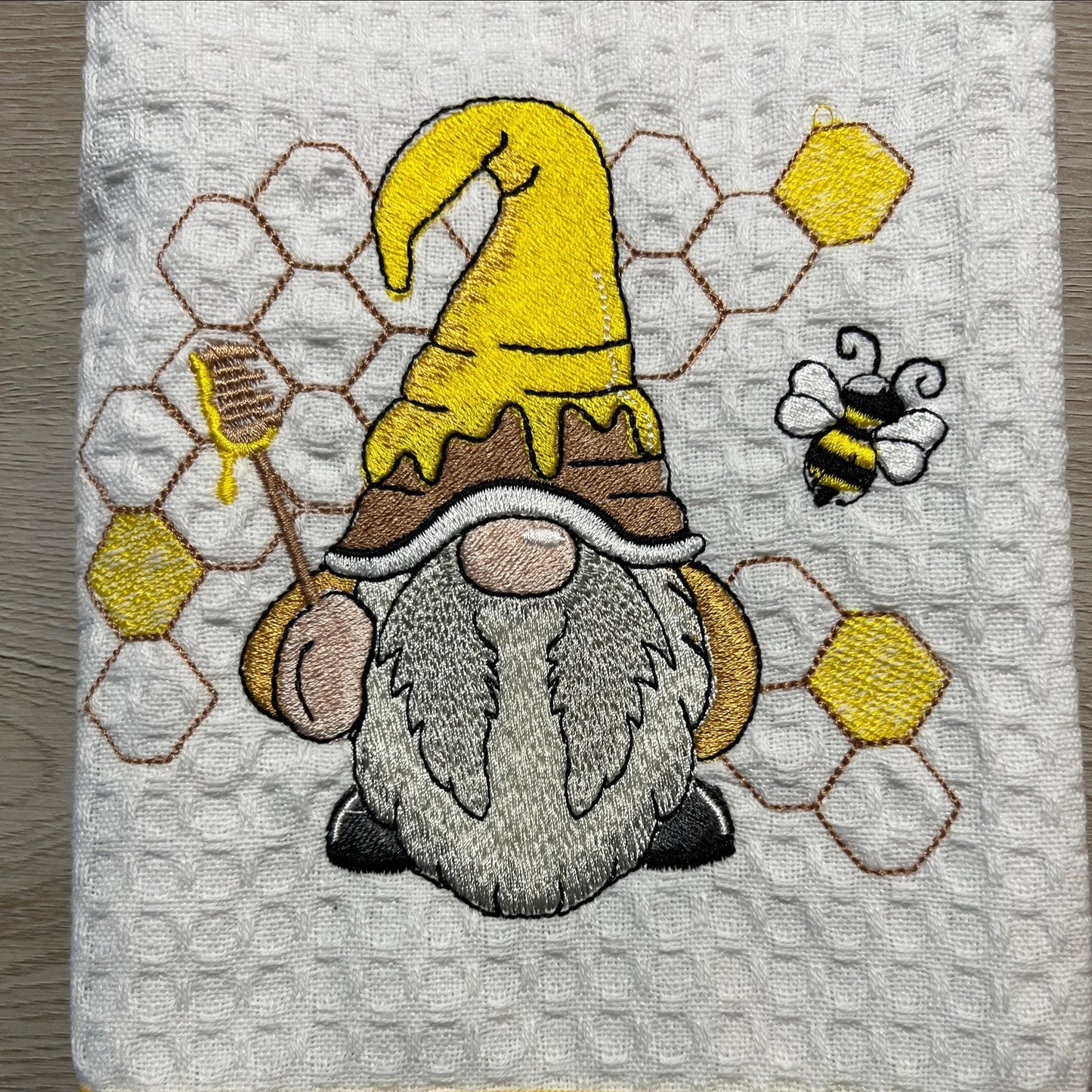 Embroidered Bee Gnome Kitchen Towel: Personalized Home Decor Gift