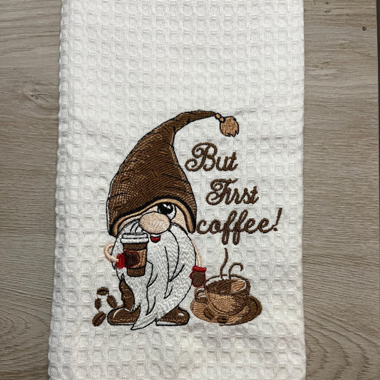 Embroidered Kitchen Towel: Coffee Gnome, Eco-Friendly Cotton