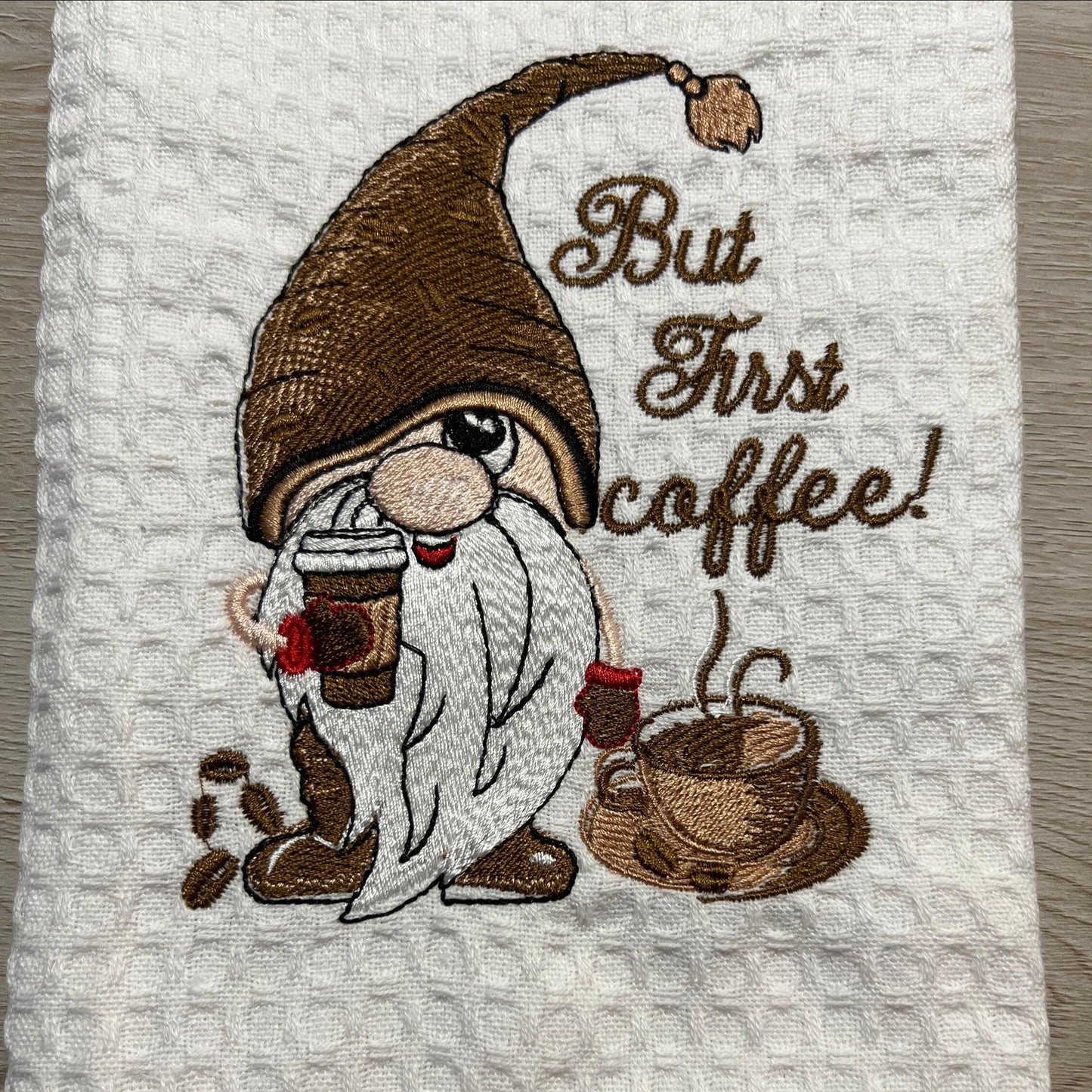 Embroidered Kitchen Towel: Coffee Gnome, Eco-Friendly Cotton
