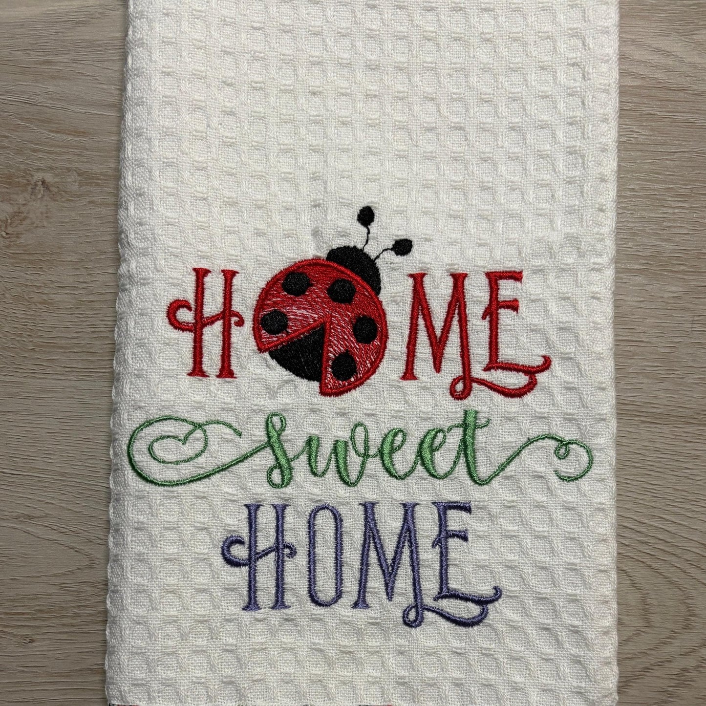 Embroidered Tea Towel: Ladybug Home Sweet Home, 100% Cotton
