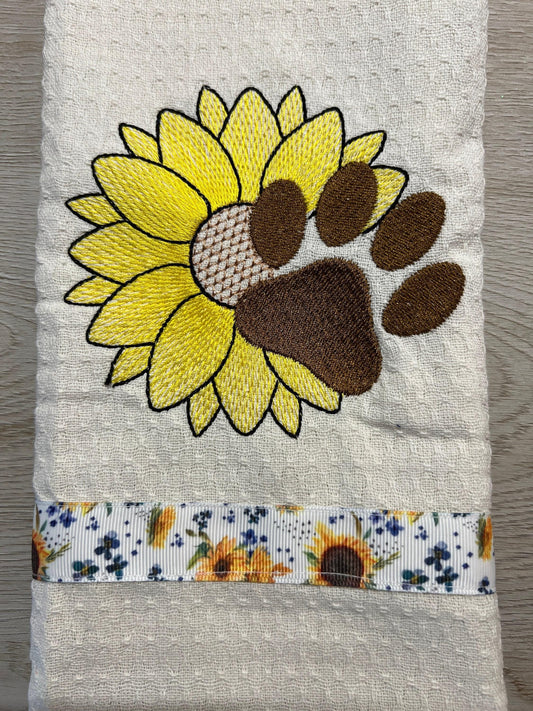 Embroidered Sunflower Paw Print Towel - 100% Cotton Kitchen Decor