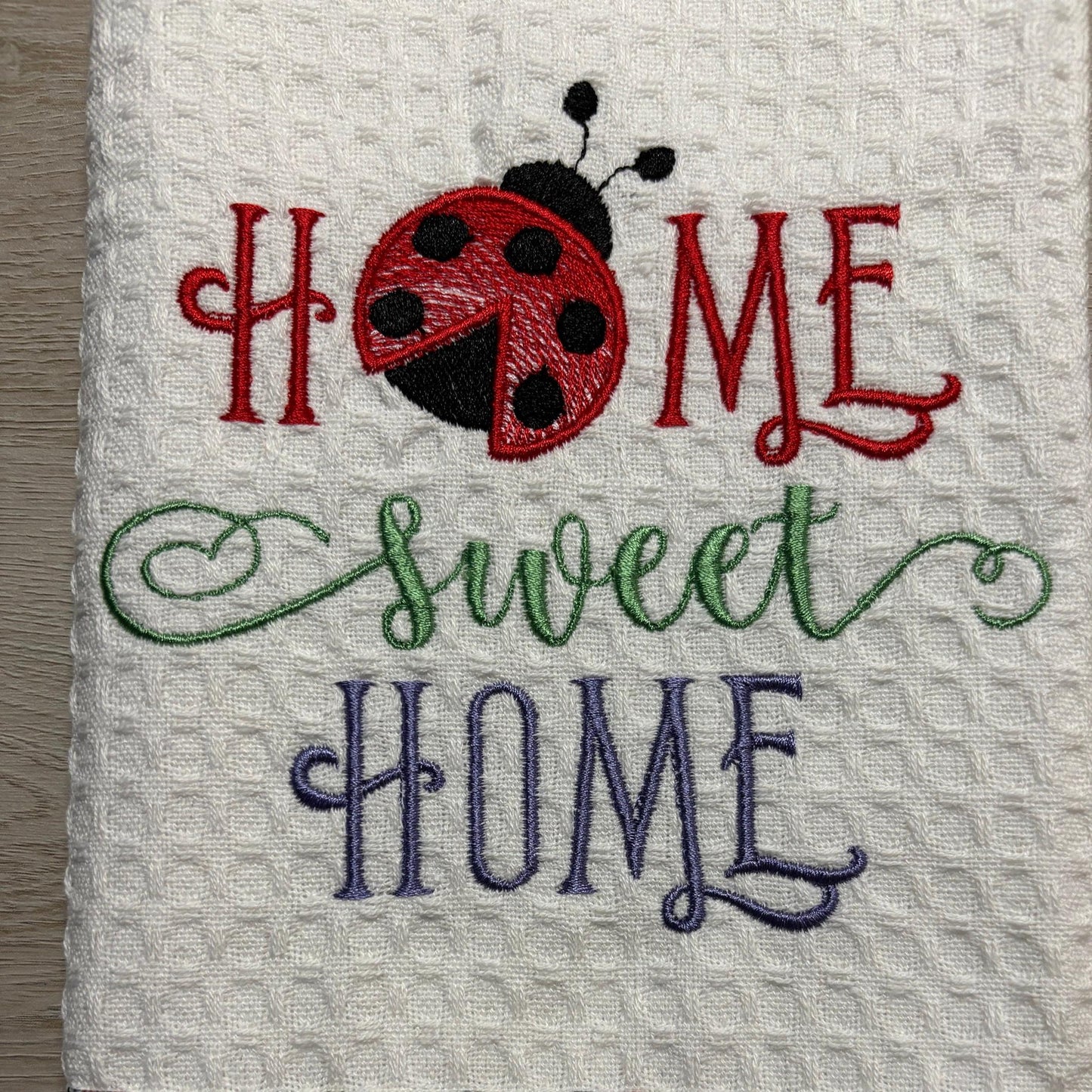 Embroidered Tea Towel: Ladybug Home Sweet Home, 100% Cotton