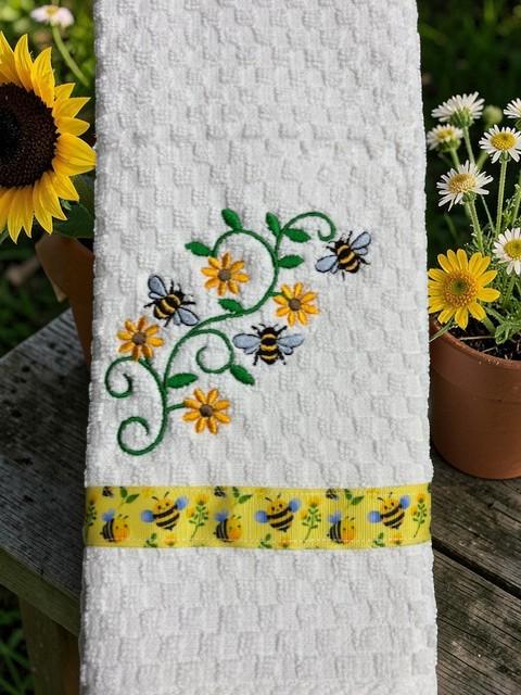 Sunny Kitchen Vibes: Bee & Sunflower Embroidered Towel