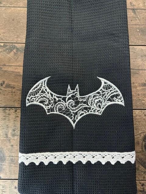 Gothic Kitchen Towel with Embroidered Lace Bat Design