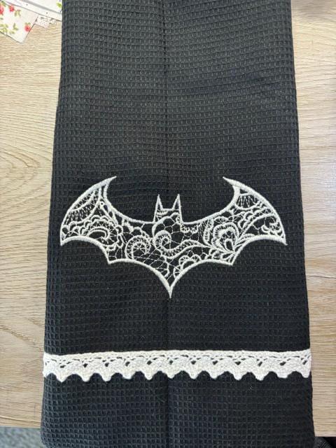 Gothic Kitchen Towel with Embroidered Lace Bat Design