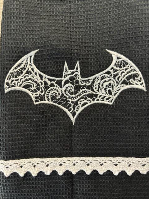 Gothic Kitchen Towel with Embroidered Lace Bat Design